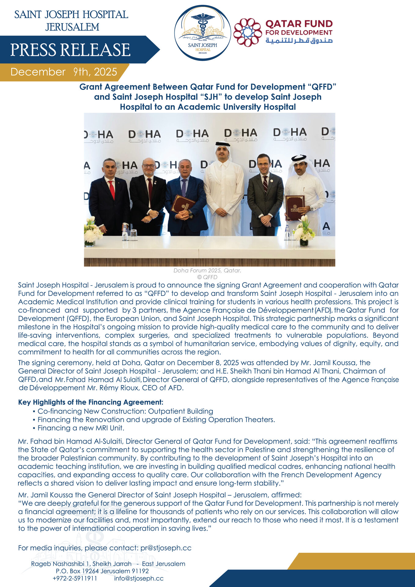 Grant Agreement Between Qatar Fund for Development “QFFD” and Saint Joseph Hospital “SJH” to develop Saint Joseph Hospital to an Academic University Hospital